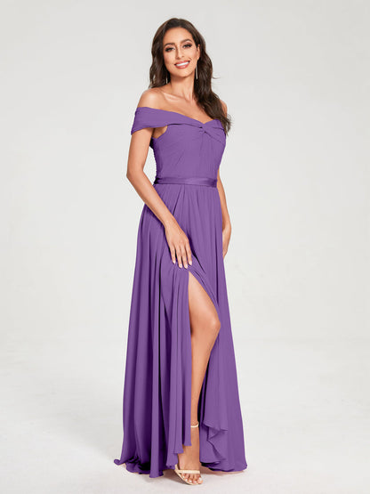 A-Line/Princess Chiffon Off-the-Shoulder Sleeveless Floor-Length Split Side With Belt Bridesmaid Dresses