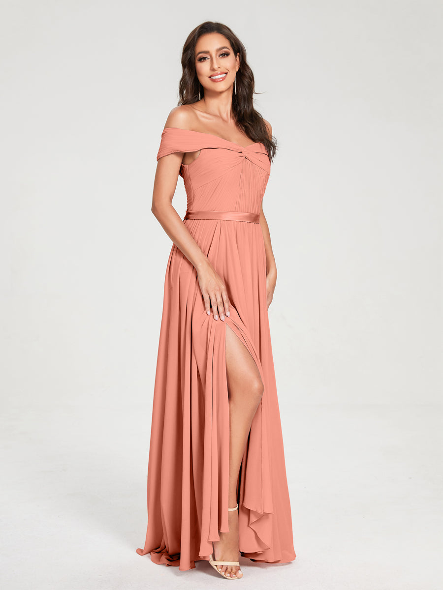 A-Line/Princess Chiffon Off-the-Shoulder Sleeveless Floor-Length Split Side With Belt Bridesmaid Dresses