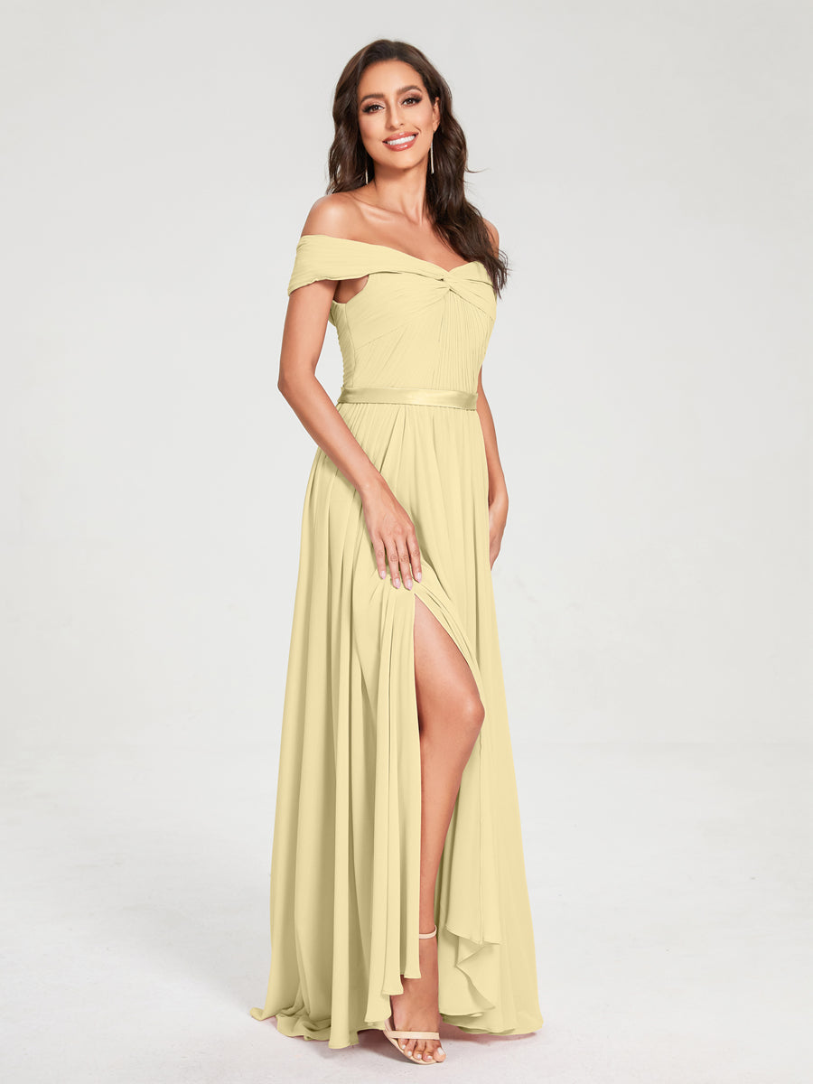 A-Line/Princess Chiffon Off-the-Shoulder Sleeveless Floor-Length Split Side With Belt Bridesmaid Dresses