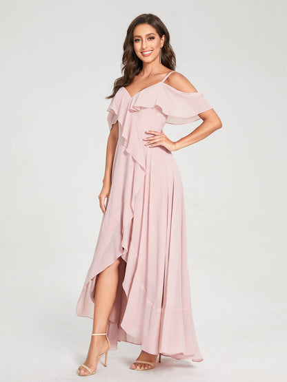 A-Line/Princess Chiffon Spaghetti Straps V-Neck Short Sleeves With Ruffles Asymmetrical Bridesmaid Dresses