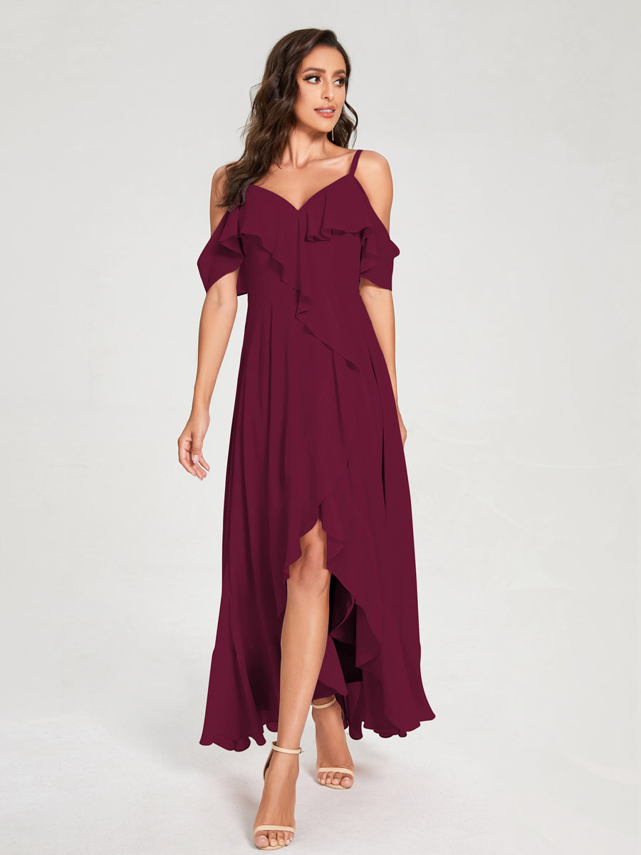 A-Line/Princess Chiffon Spaghetti Straps V-Neck Short Sleeves With Ruffles Asymmetrical Bridesmaid Dresses