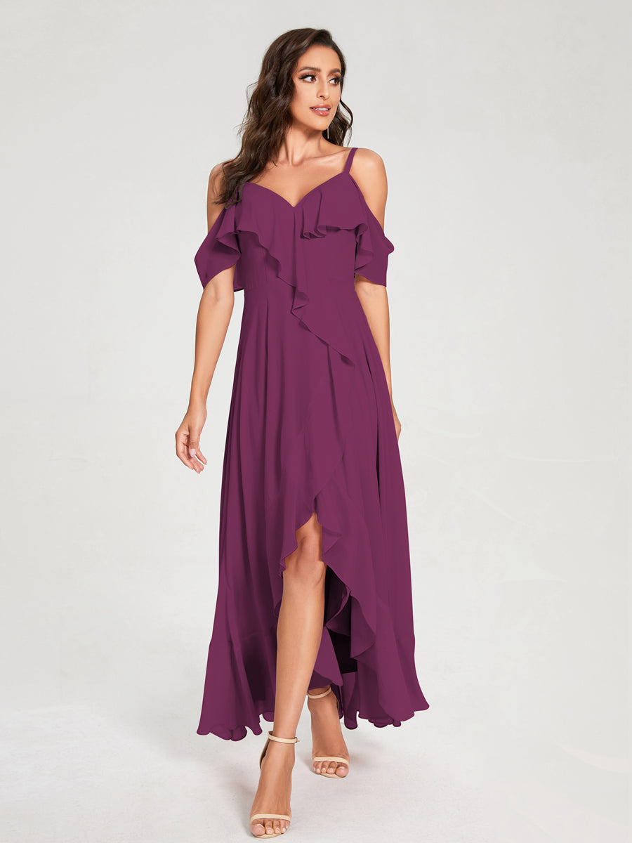 A-Line/Princess Chiffon Spaghetti Straps V-Neck Short Sleeves With Ruffles Asymmetrical Bridesmaid Dresses