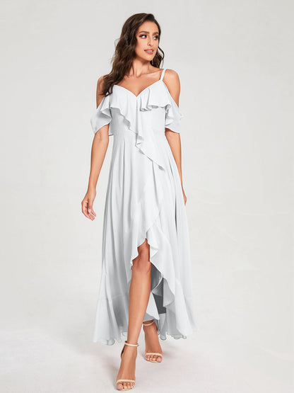 A-Line/Princess Chiffon Spaghetti Straps V-Neck Short Sleeves With Ruffles Asymmetrical Bridesmaid Dresses