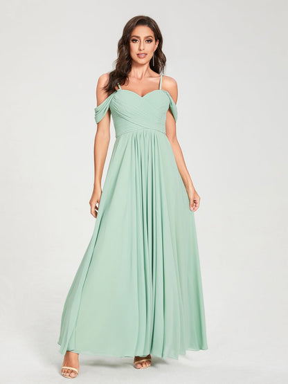 A-Line/Princess Chiffon Spaghetti Straps Short Sleeves Floor-Length With Pleats Bridesmaid Dresses