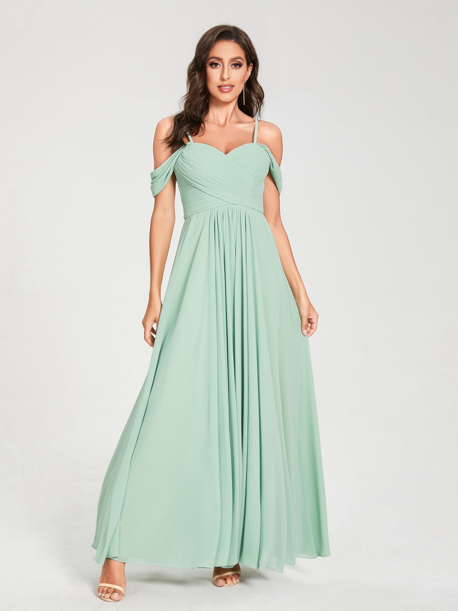 A-Line/Princess Chiffon Spaghetti Straps Short Sleeves Floor-Length With Pleats Bridesmaid Dresses