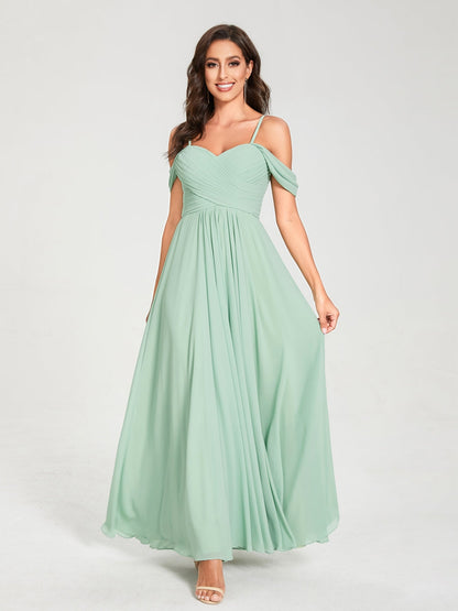 A-Line/Princess Chiffon Spaghetti Straps Short Sleeves Floor-Length With Pleats Bridesmaid Dresses