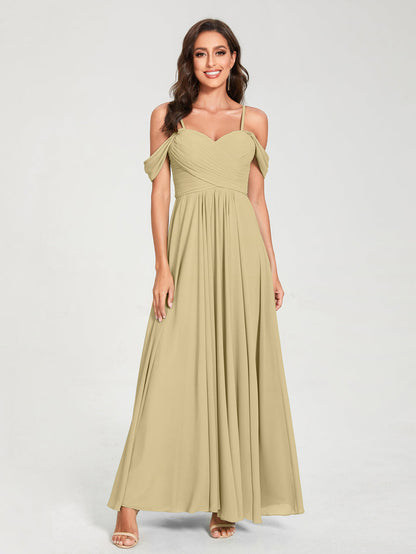 A-Line/Princess Chiffon Spaghetti Straps Short Sleeves Floor-Length With Pleats Bridesmaid Dresses