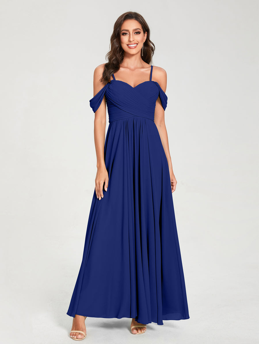 A-Line/Princess Chiffon Spaghetti Straps Short Sleeves Floor-Length With Pleats Bridesmaid Dresses