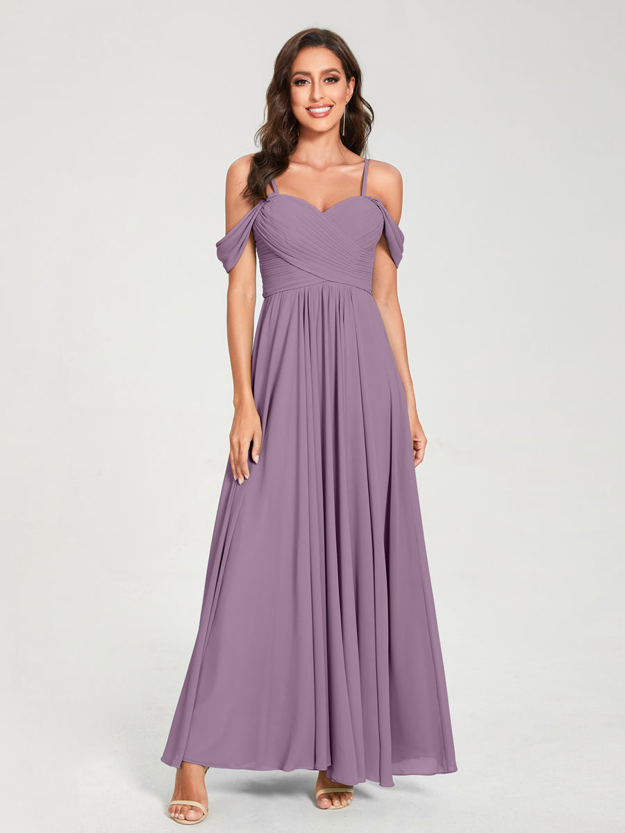 A-Line/Princess Chiffon Spaghetti Straps Short Sleeves Floor-Length With Pleats Bridesmaid Dresses