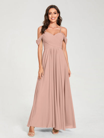 A-Line/Princess Chiffon Spaghetti Straps Short Sleeves Floor-Length With Pleats Bridesmaid Dresses