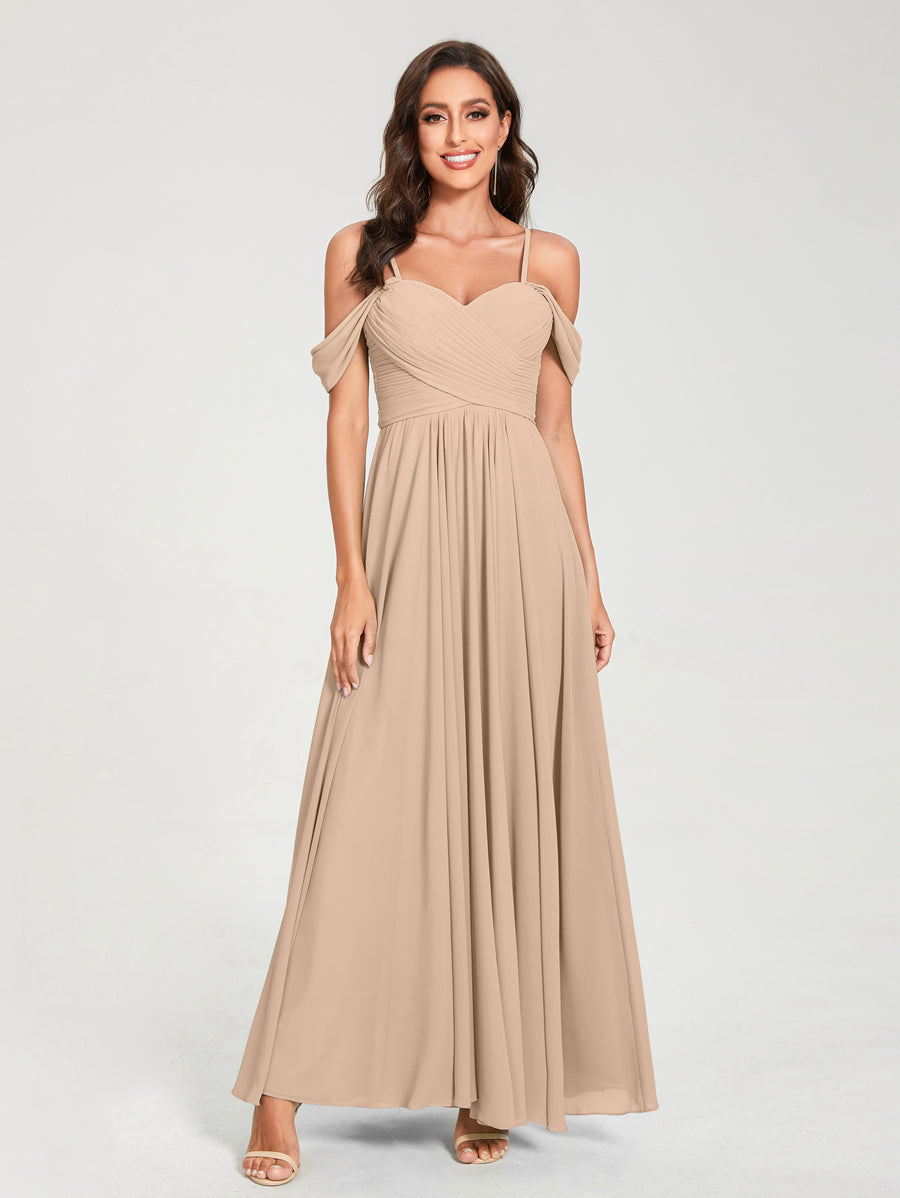 A-Line/Princess Chiffon Spaghetti Straps Short Sleeves Floor-Length With Pleats Bridesmaid Dresses