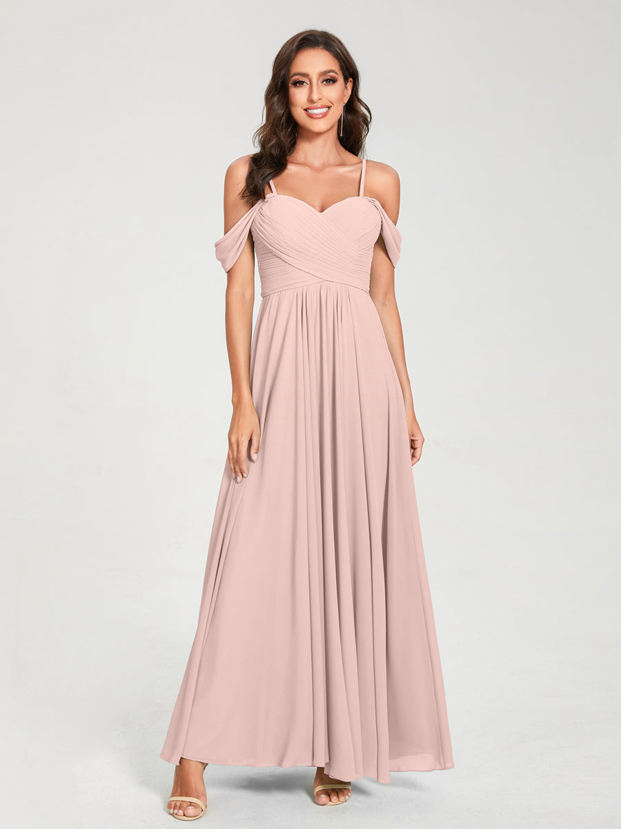 A-Line/Princess Chiffon Spaghetti Straps Short Sleeves Floor-Length With Pleats Bridesmaid Dresses