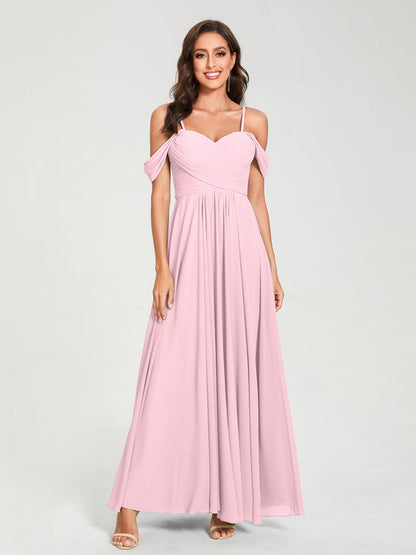 A-Line/Princess Chiffon Spaghetti Straps Short Sleeves Floor-Length With Pleats Bridesmaid Dresses