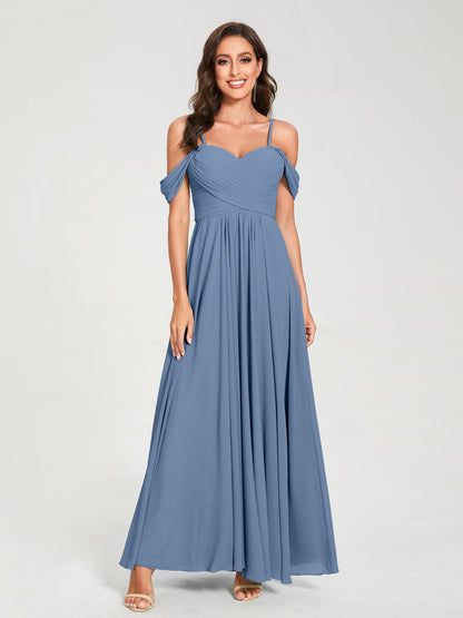 A-Line/Princess Chiffon Spaghetti Straps Short Sleeves Floor-Length With Pleats Bridesmaid Dresses