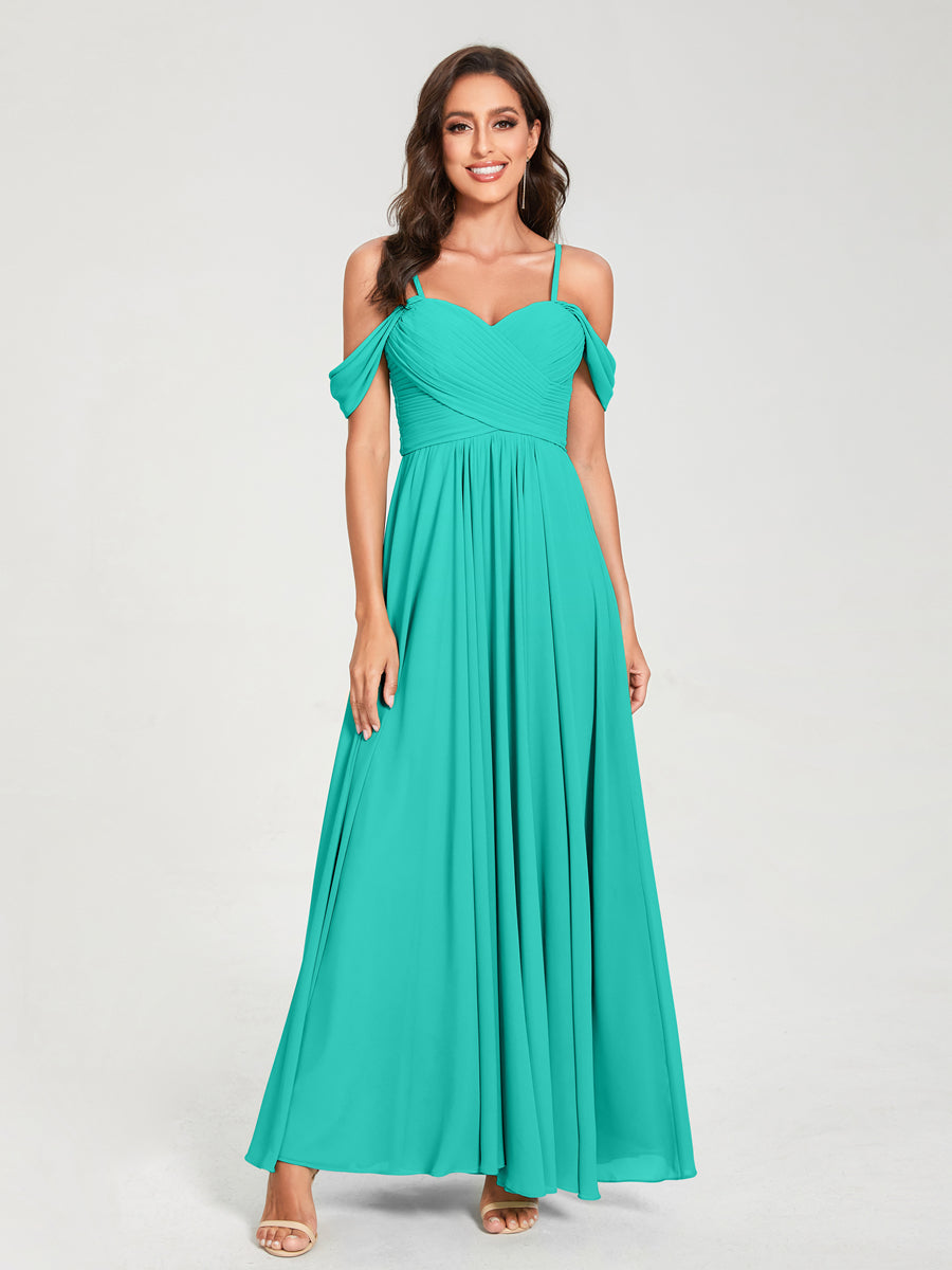 A-Line/Princess Chiffon Spaghetti Straps Short Sleeves Floor-Length With Pleats Bridesmaid Dresses