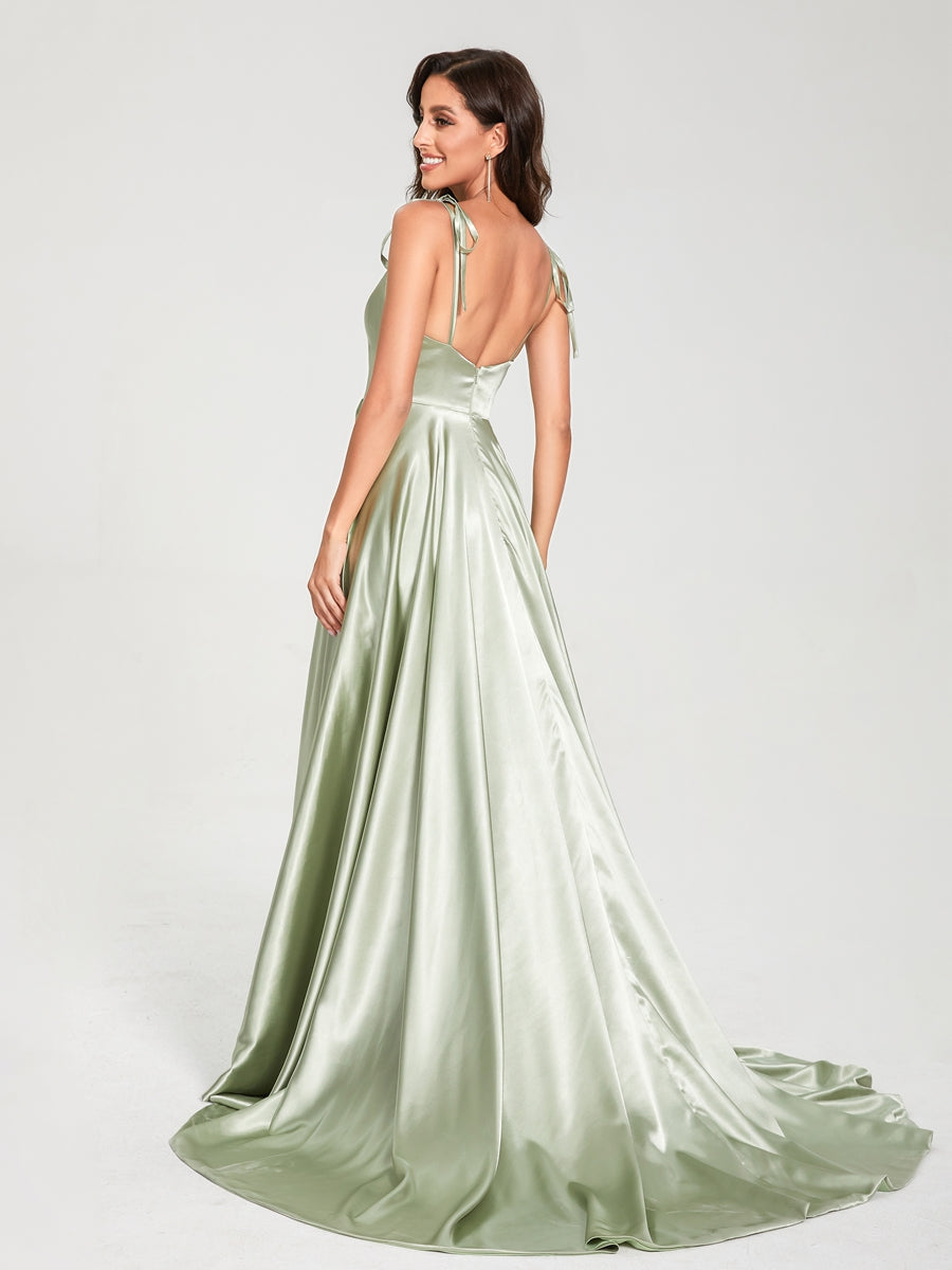 A-Line Spaghetti Straps Sleeveless Long Silk Like Satin Bridesmaid Dresses