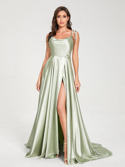 A-Line Spaghetti Straps Sleeveless Long Silk Like Satin Bridesmaid Dresses