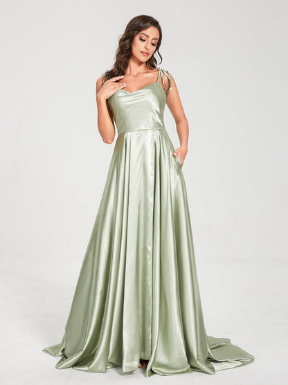 A-Line Spaghetti Straps Sleeveless Long Silk Like Satin Bridesmaid Dresses