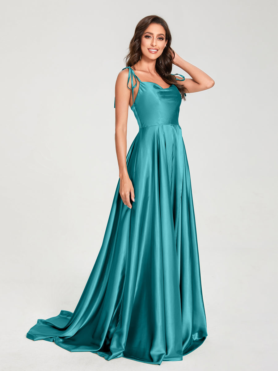 A-Line Spaghetti Straps Sleeveless Long Silk Like Satin Bridesmaid Dresses