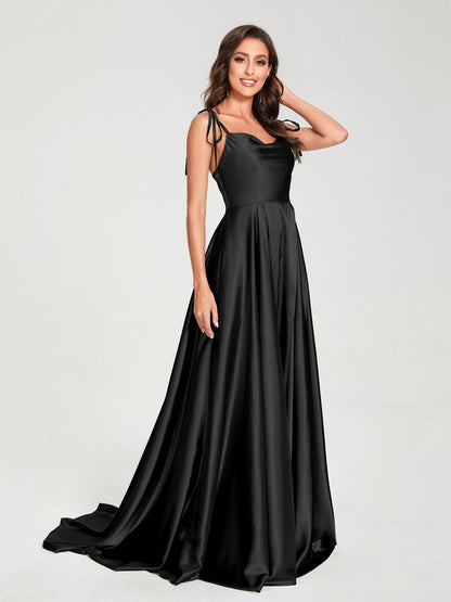 A-Line Spaghetti Straps Sleeveless Long Silk Like Satin Bridesmaid Dresses