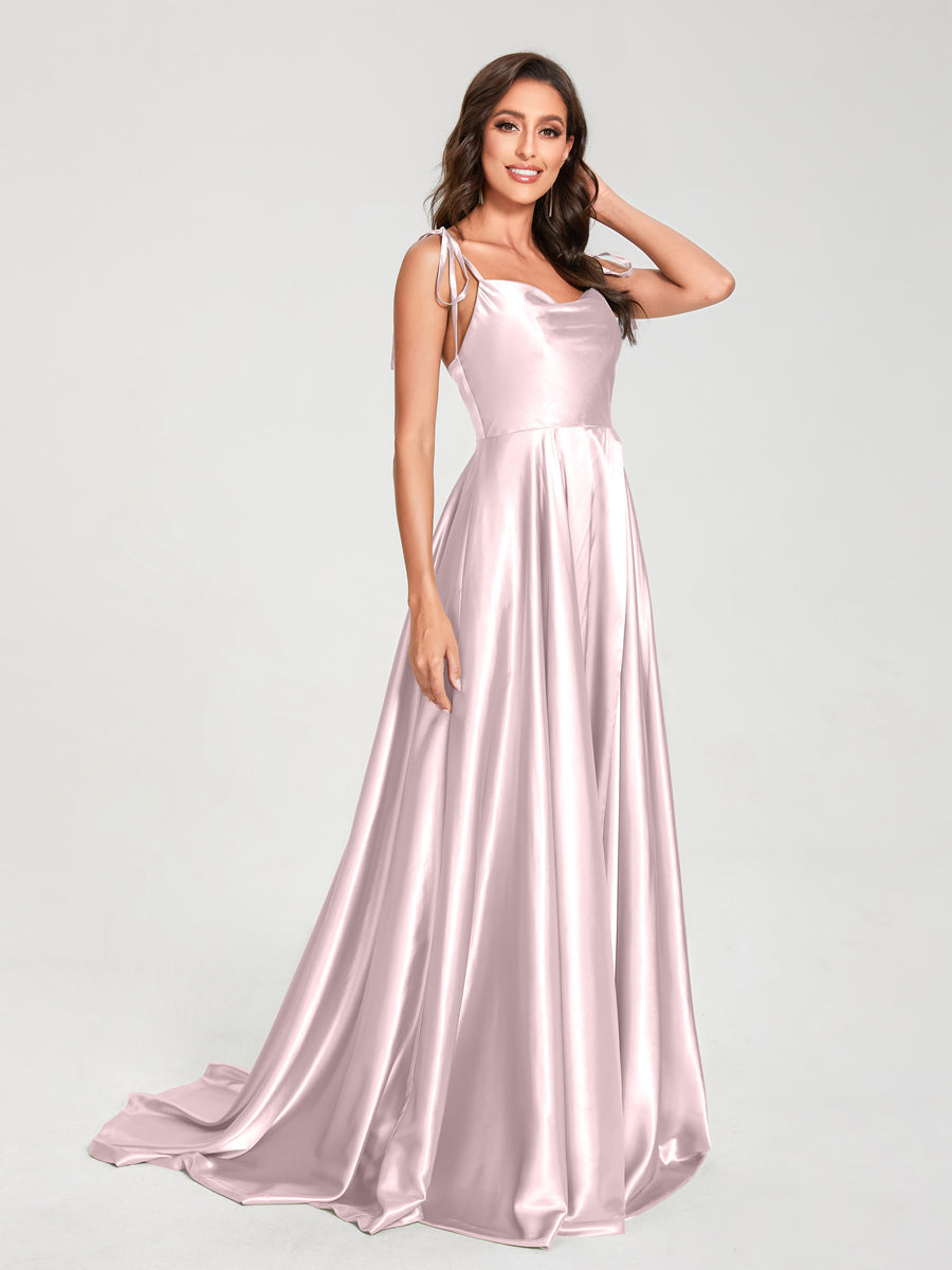 A-Line Spaghetti Straps Sleeveless Long Silk Like Satin Bridesmaid Dresses