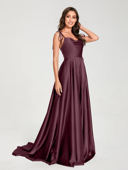 A-Line Spaghetti Straps Sleeveless Long Silk Like Satin Bridesmaid Dresses