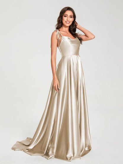 A-Line Spaghetti Straps Sleeveless Long Silk Like Satin Bridesmaid Dresses