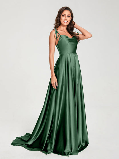 A-Line Spaghetti Straps Sleeveless Long Silk Like Satin Bridesmaid Dresses