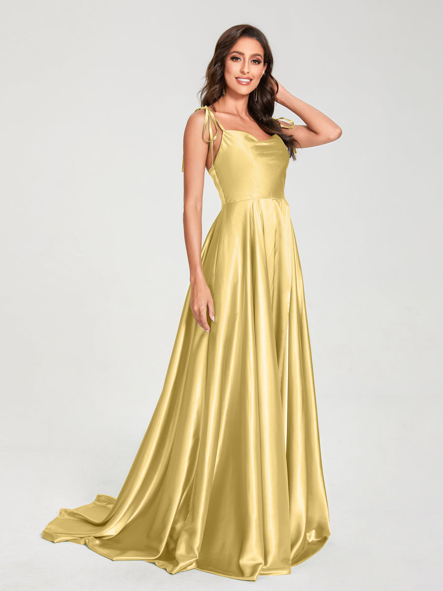 A-Line Spaghetti Straps Sleeveless Long Silk Like Satin Bridesmaid Dresses