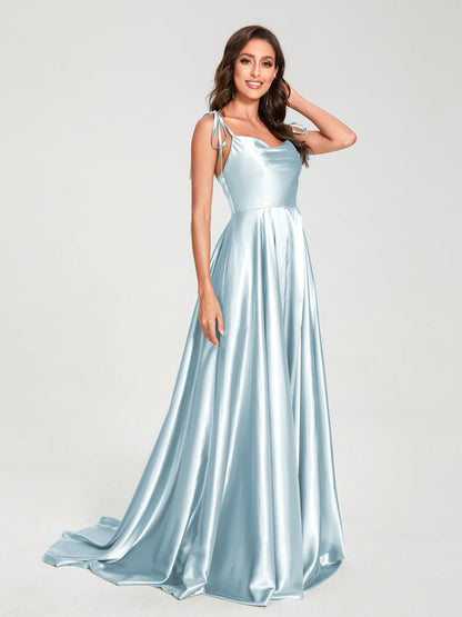 A-Line Spaghetti Straps Sleeveless Long Silk Like Satin Bridesmaid Dresses