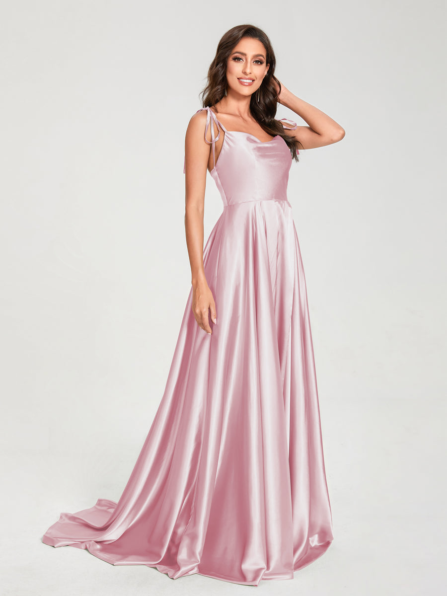 A-Line Spaghetti Straps Sleeveless Long Silk Like Satin Bridesmaid Dresses