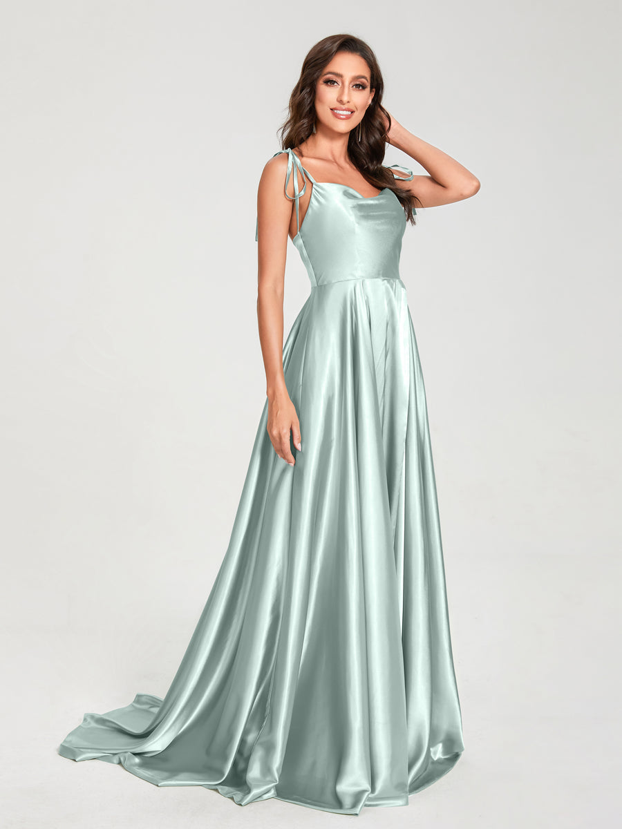 A-Line Spaghetti Straps Sleeveless Long Silk Like Satin Bridesmaid Dresses