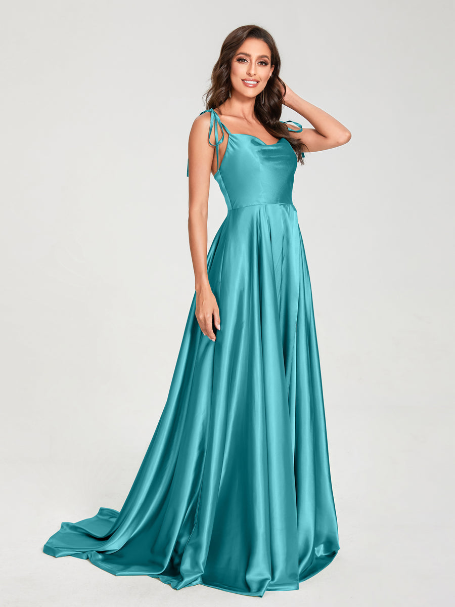 A-Line Spaghetti Straps Sleeveless Long Silk Like Satin Bridesmaid Dresses