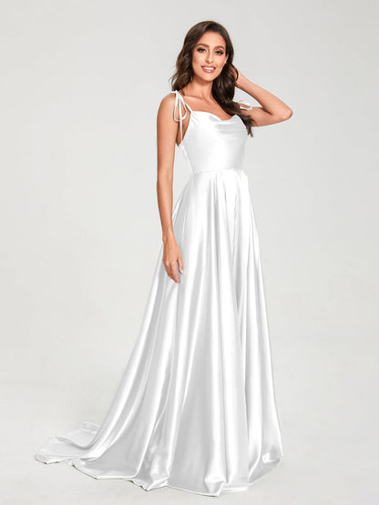 A-Line Spaghetti Straps Sleeveless Long Silk Like Satin Bridesmaid Dresses