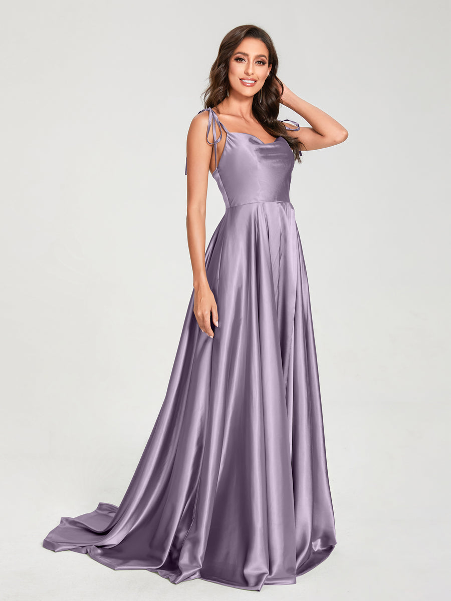 A-Line Spaghetti Straps Sleeveless Long Silk Like Satin Bridesmaid Dresses