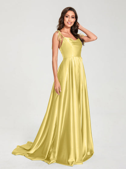 A-Line Spaghetti Straps Sleeveless Long Silk Like Satin Bridesmaid Dresses