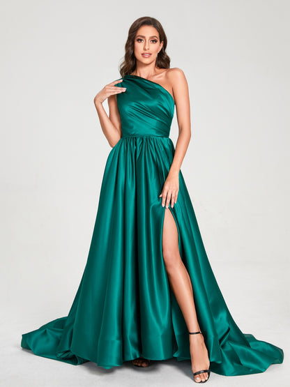 A-Line/Princess One-Shoulder Sleeveless Satin With Pleats Floor-Length Split Side Bridesmaid Dresses