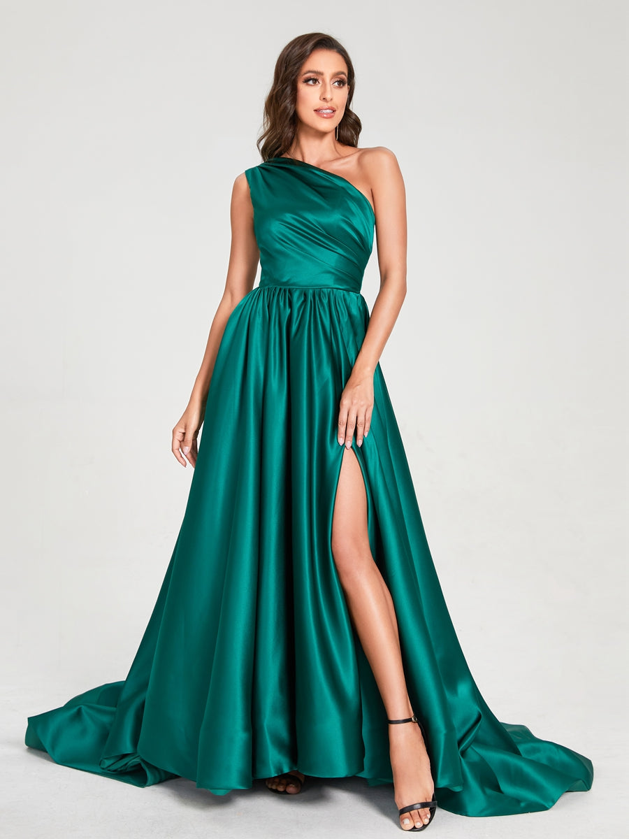 A-Line/Princess One-Shoulder Sleeveless Satin With Pleats Floor-Length Split Side Bridesmaid Dresses