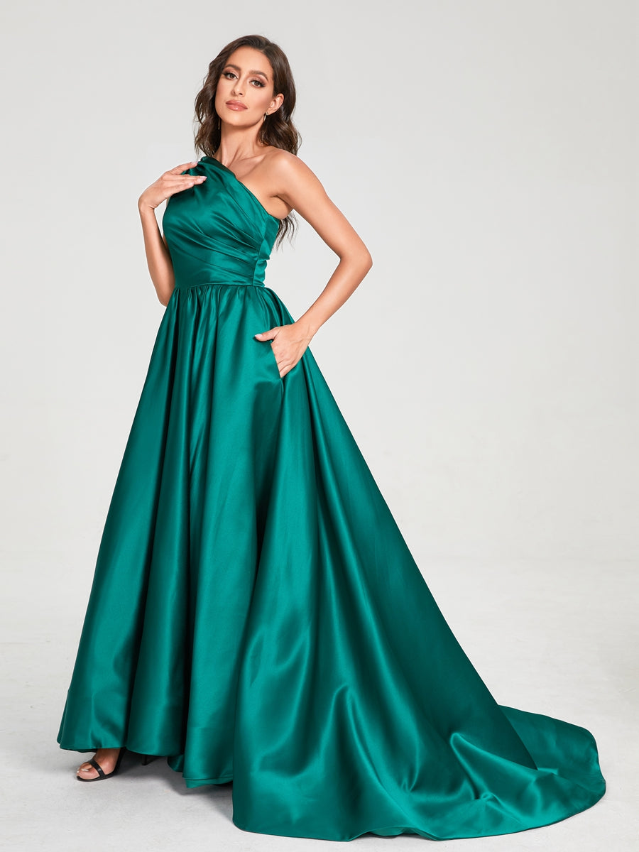 A-Line/Princess One-Shoulder Sleeveless Satin With Pleats Floor-Length Split Side Bridesmaid Dresses