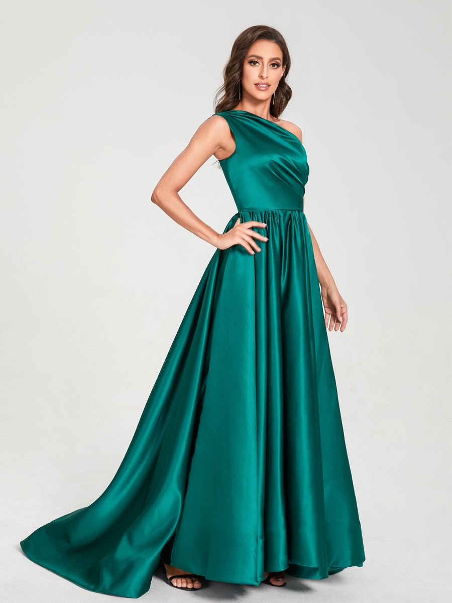 A-Line/Princess One-Shoulder Sleeveless Satin With Pleats Floor-Length Split Side Bridesmaid Dresses