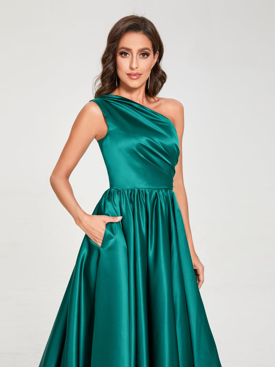 A-Line/Princess One-Shoulder Sleeveless Satin With Pleats Floor-Length Split Side Bridesmaid Dresses