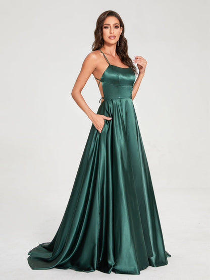 A-Line/Princess Spaghetti Straps Sleeveless Floor-Length Split Side Backless Bridesmaid Dresses