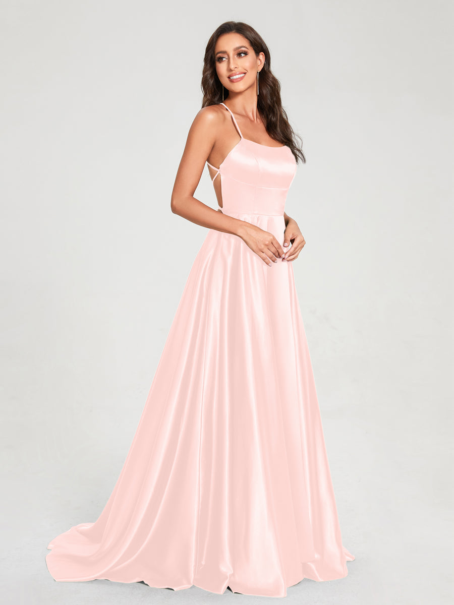 A-Line/Princess Spaghetti Straps Sleeveless Floor-Length Split Side Backless Bridesmaid Dresses