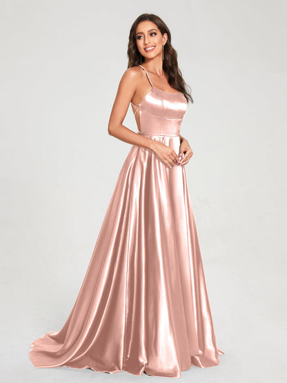 A-Line/Princess Spaghetti Straps Sleeveless Floor-Length Split Side Backless Bridesmaid Dresses