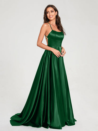 A-Line/Princess Spaghetti Straps Sleeveless Floor-Length Split Side Backless Bridesmaid Dresses