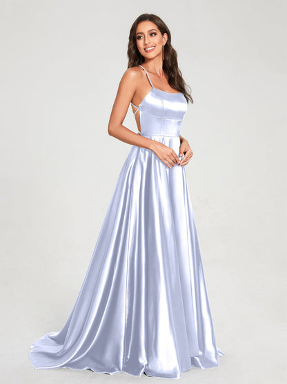 A-Line/Princess Spaghetti Straps Sleeveless Floor-Length Split Side Backless Bridesmaid Dresses