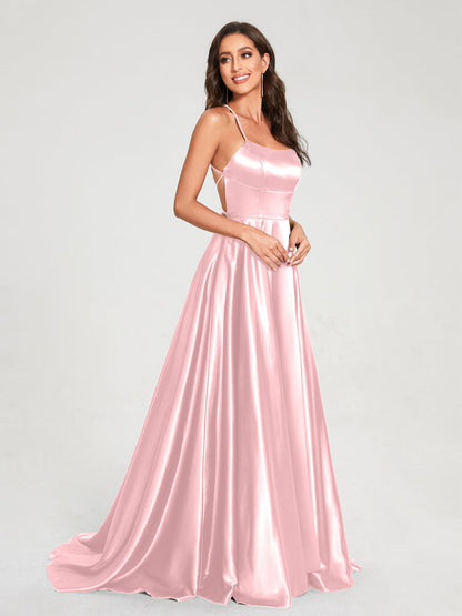 A-Line/Princess Spaghetti Straps Sleeveless Floor-Length Split Side Backless Bridesmaid Dresses