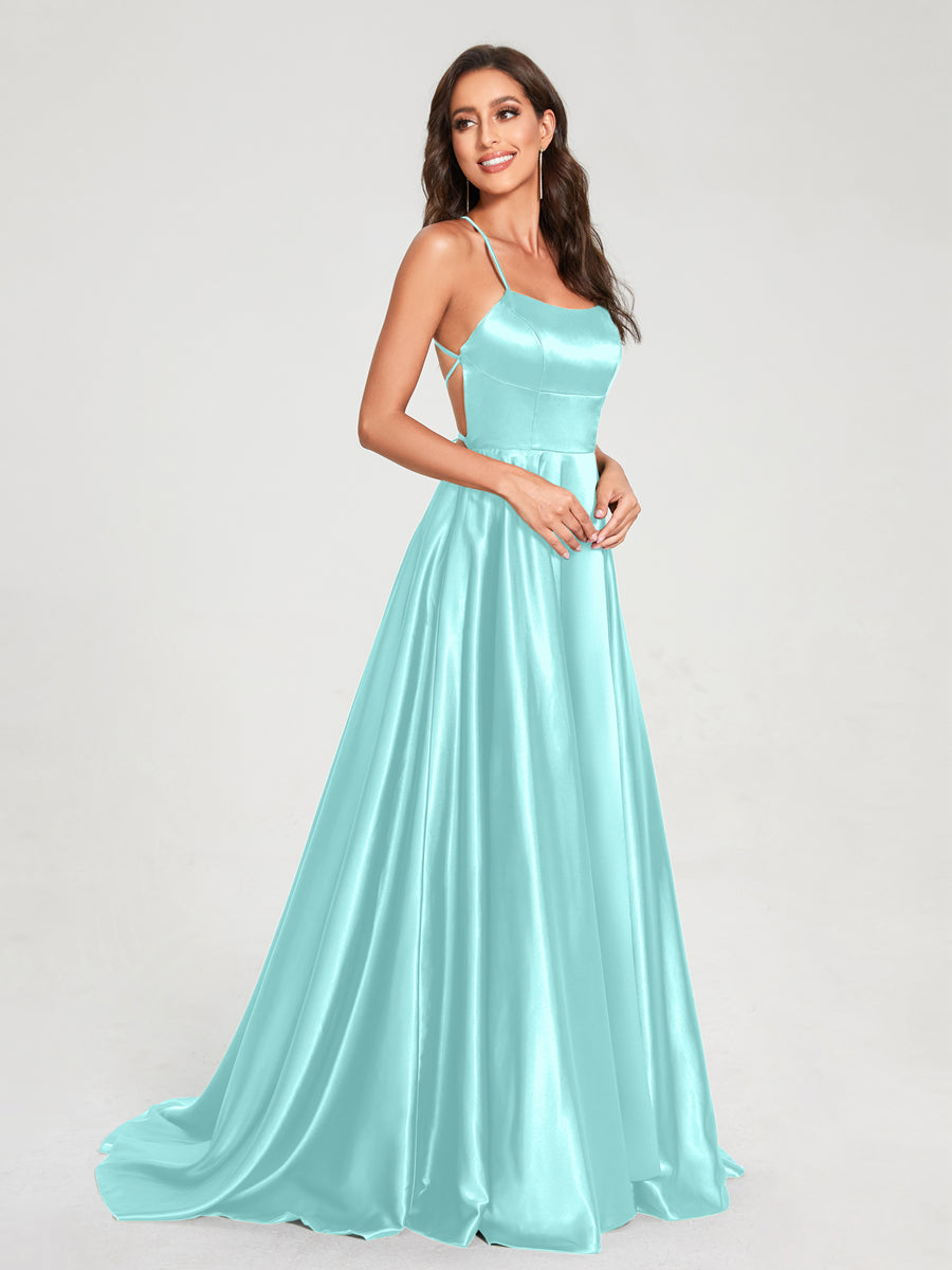 A-Line/Princess Spaghetti Straps Sleeveless Floor-Length Split Side Backless Bridesmaid Dresses