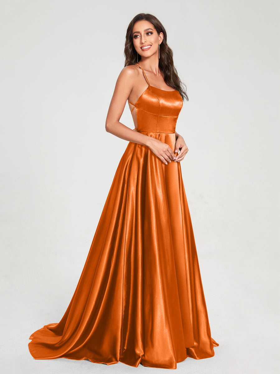 A-Line/Princess Spaghetti Straps Sleeveless Floor-Length Split Side Backless Bridesmaid Dresses