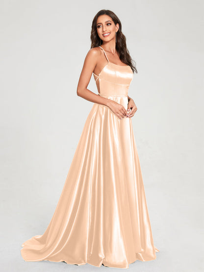 A-Line/Princess Spaghetti Straps Sleeveless Floor-Length Split Side Backless Bridesmaid Dresses